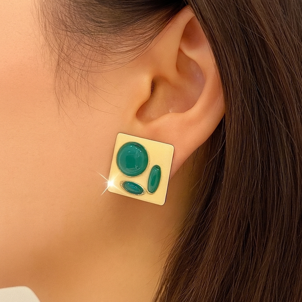 Geometric Square Earrings | Cream & Green, 0.9-Inch | Women’s Fashion Jewelry